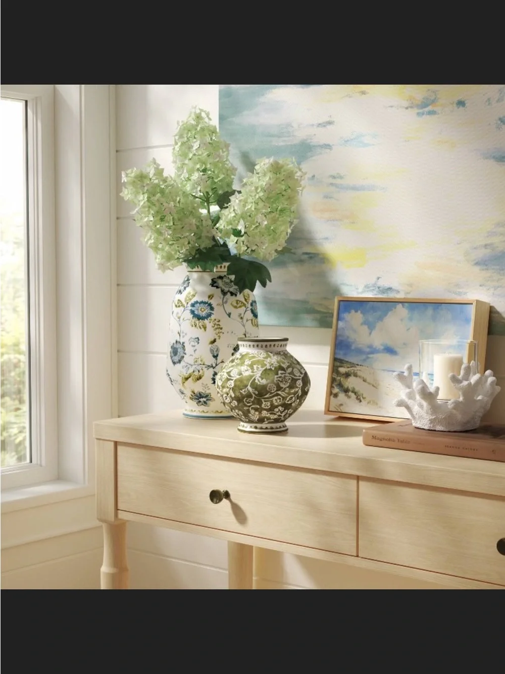 Short Floral Painted Ceramic Vase Green - Threshold™